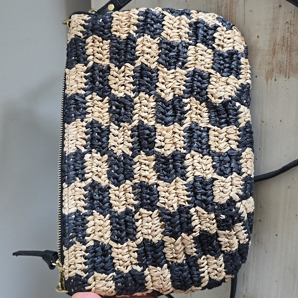 Clare V. Petit Moyen Leather Messenger Bag - Black/Natural Checker Raffia - Picture 3 of 15